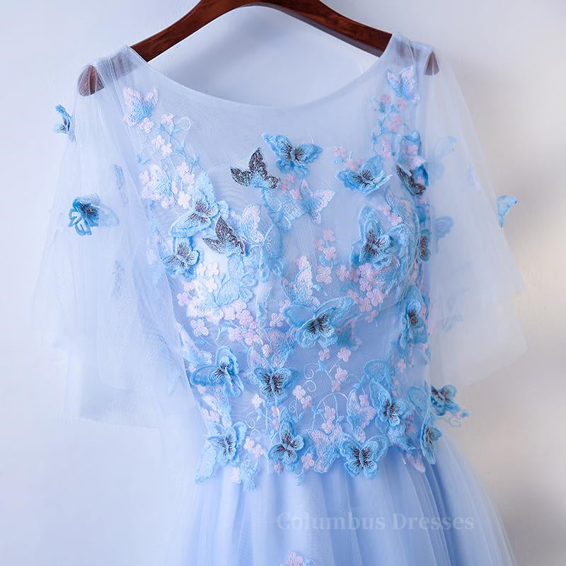 Homecoming Dresses Idea, Half Sleeves Round Neck Blue Floral Long Prom Dresses, Blue Long Formal Evening Dresses with Flower