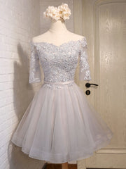 Simple Dress, Half Sleeves Short Gray/Blue Lace Prom Dresses, Short Gray/Blue Lace Homecoming Bridesmaid Dresses
