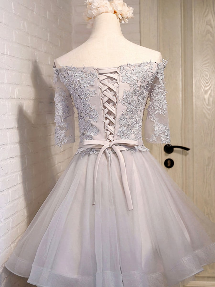 White Prom Dress, Half Sleeves Short Gray/Blue Lace Prom Dresses, Short Gray/Blue Lace Homecoming Bridesmaid Dresses