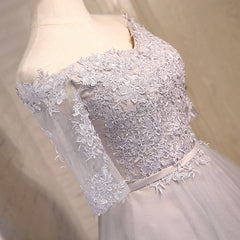 Party Dress Long Sleeve Mini, Half Sleeves Short Gray/Blue Lace Prom Dresses, Short Gray/Blue Lace Homecoming Bridesmaid Dresses