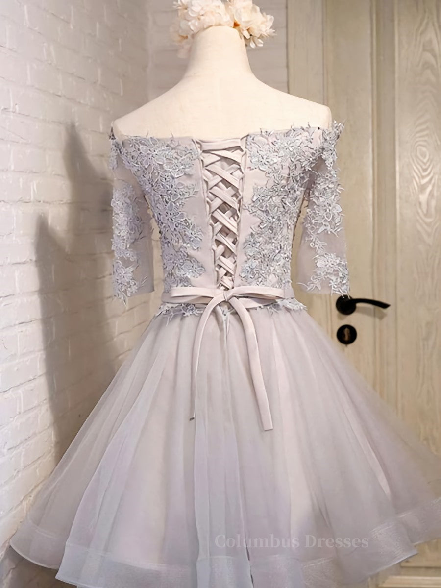 Prom Dresses Website, Half Sleeves Short Lace Prom Dresses, Short Lace Homecoming Bridesmaid Dresses
