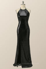 Party Outfit, Halter Black Sequin Mermaid Long Formal Dress