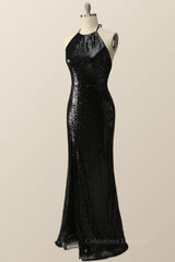 Party Dress For Girl, Halter Black Sequin Mermaid Long Formal Dress