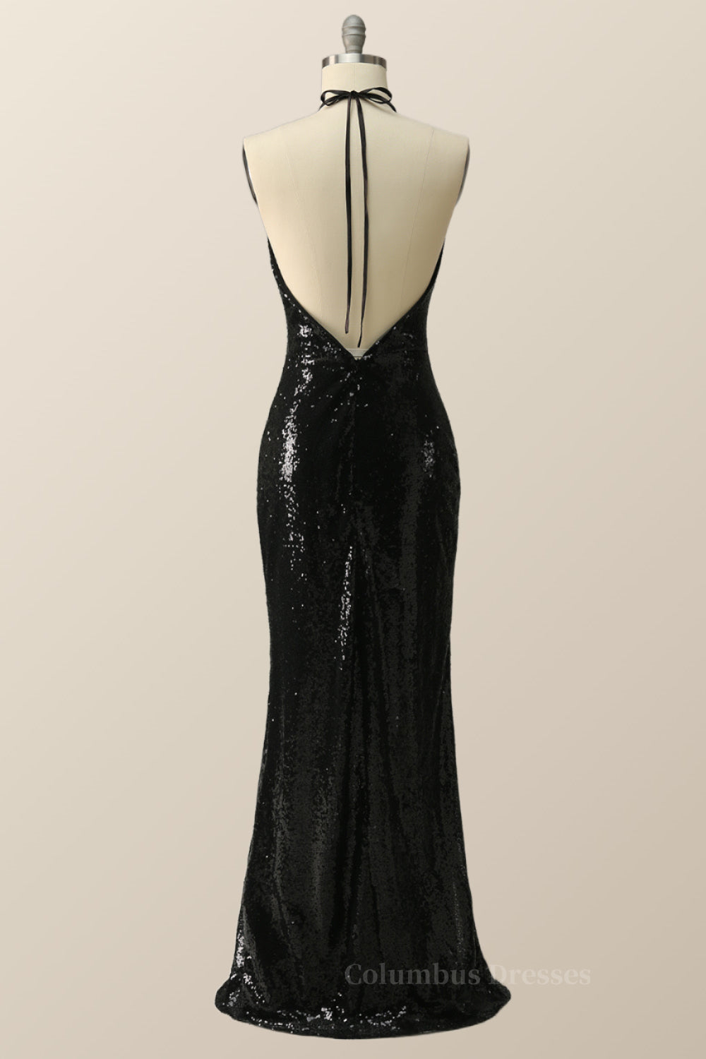 Party Dresses For Girl, Halter Black Sequin Mermaid Long Formal Dress