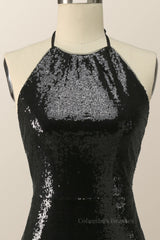 Night Out Outfit, Halter Black Sequin Mermaid Long Formal Dress