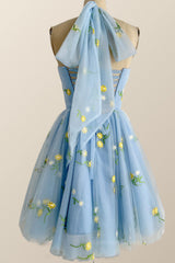 Pretty Prom Dress, Halter Blue Floral Embroidered Short Princess Dress