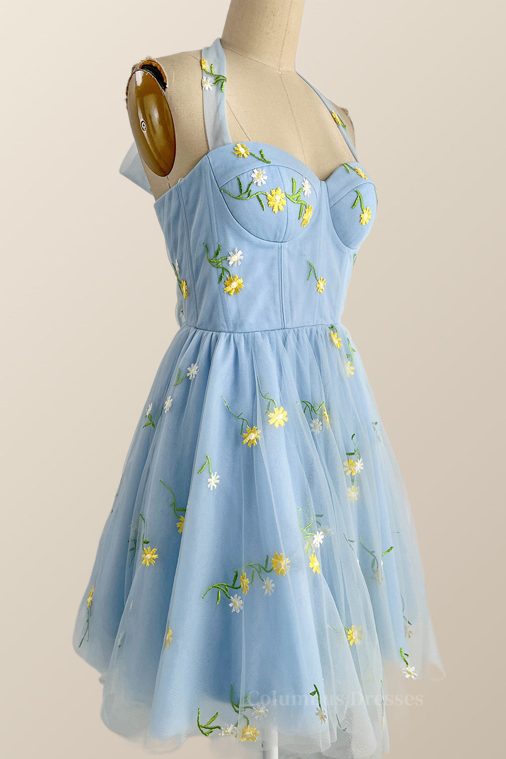 Fall Wedding Ideas, Halter Blue Floral Embroidered Short Princess Dress