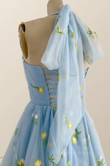 Wedding Inspiration, Halter Blue Floral Embroidered Short Princess Dress