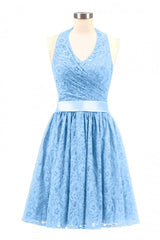 Prom Dresses Stores, Halter Blue Lace Short A-line Bridesmaid Dress