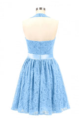 Prom Dress Store, Halter Blue Lace Short A-line Bridesmaid Dress