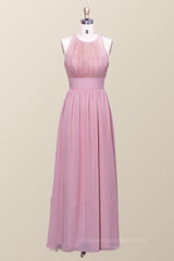 Festival Outfit, Halter Blush Pink Chiffon A-line Long Bridesmaid Dress