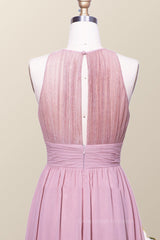 Homecoming Dresses For Kids, Halter Blush Pink Chiffon A-line Long Bridesmaid Dress