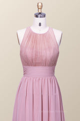 Homecoming Dress Green, Halter Blush Pink Chiffon A-line Long Bridesmaid Dress