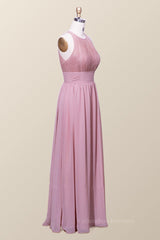Homecomming Dresses Green, Halter Blush Pink Chiffon A-line Long Bridesmaid Dress