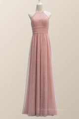 Bridesmaid Dress Short, Halter Blush Pink Tulle Long Bridesmaid Dress