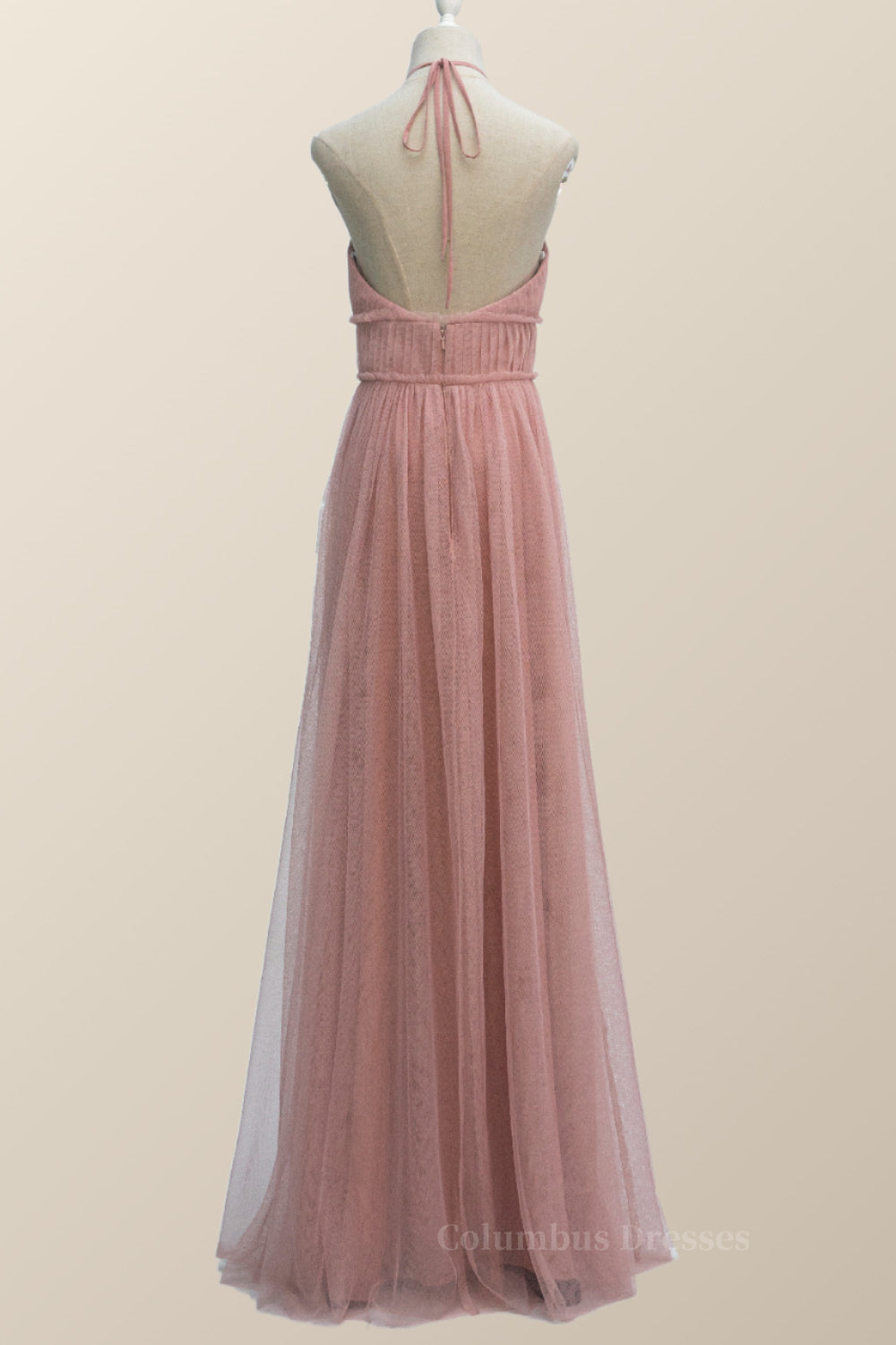 Bridesmaides Dresses Short, Halter Blush Pink Tulle Long Bridesmaid Dress