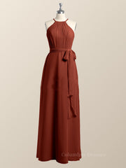 Prom Dresses 2023, Halter Burgundy Chiffon A-line Long Bridesmaid Dress