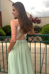 Halter Chiffon Light Green Lace Prom Dress