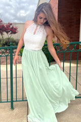 Halter Chiffon Light Green Lace Prom Dress