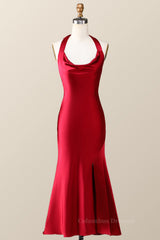 Evening Dresses Cheap, Halter Cowl Neck Red Sheath Midi Dress