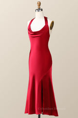 Evening Dress Shop, Halter Cowl Neck Red Sheath Midi Dress