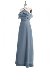 Night Club Outfit, Halter Dusty Blue Ruffles Chiffon Long Bridesmaid Dress