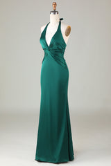 Evening Dress Shops Near Me, Halter Emerald Green Ruched Mermaid Bridesmaid Dress