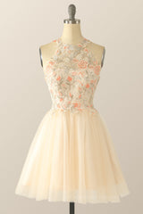 Bridesmaid Dresses Color Palettes, Halter Floral Embroidered Champagne Tulle Homecoming Dress