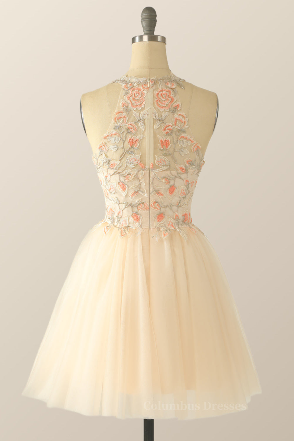Bridesmaid Dress Color Palette, Halter Floral Embroidered Champagne Tulle Homecoming Dress