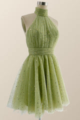 47 Th Grade Dance Dress, Halter High Neck Moss Green Stars Princess Dresss