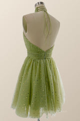 Pink Formal Dress, Halter High Neck Moss Green Stars Princess Dresss
