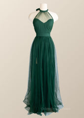 Prom Dress Unique, Halter Hunter Green Tulle Long Formal Dress