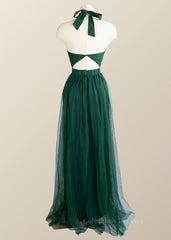 Prom Dresses Unique, Halter Hunter Green Tulle Long Formal Dress