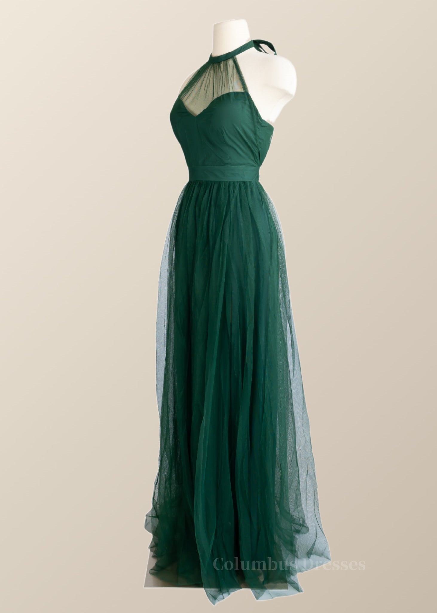 Prom Dress Cheap, Halter Hunter Green Tulle Long Formal Dress