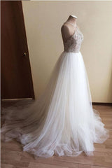 Wedding Dresses Tulle Lace, Halter Illusion neck High split A line Tulle Princess Wedding Dress