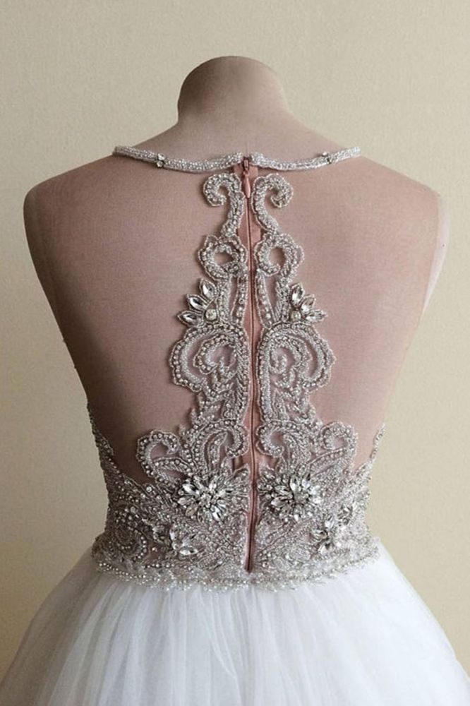 Wedding Dress Sleeves Lace, Halter Illusion neck High split A line Tulle Princess Wedding Dress