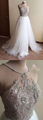 Wedding Dresses Sleeve Lace, Halter Illusion neck High split A line Tulle Princess Wedding Dress
