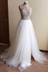 Wedding Dress Tulle Lace, Halter Illusion neck High split A line Tulle Princess Wedding Dress