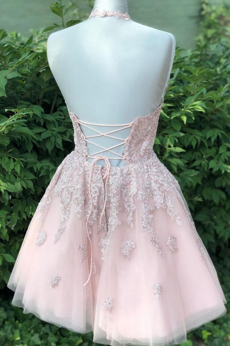 Bridesmaid Dress Colorful, Halter Lace-Up Back Short Pink Lace Homecoming Dress Cocktail