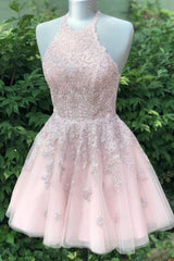 Bridesmaide Dress Colors, Halter Lace-Up Back Short Pink Lace Homecoming Dress Cocktail