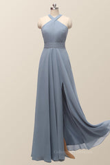 Evening Dress Dresses, Halter Misty Blue Chiffon A-line Long Bridesmaid Dress