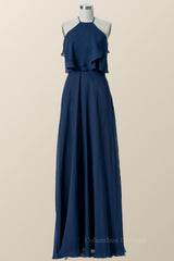 Lace Dress, Halter Navy Blue Chiffon Long Bridesmaid Dress