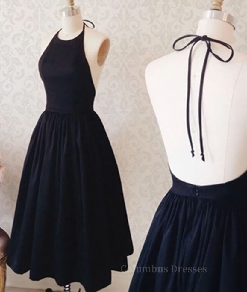 Evening Dress V Neck, Halter Neck Backless Black Short Prom Dress, Black Homecoming Dress
