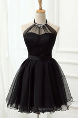 Party Dresses Jumpsuits, Halter Neck Backless Black Short Prom Dress, Open Back Black Homecoming Dress