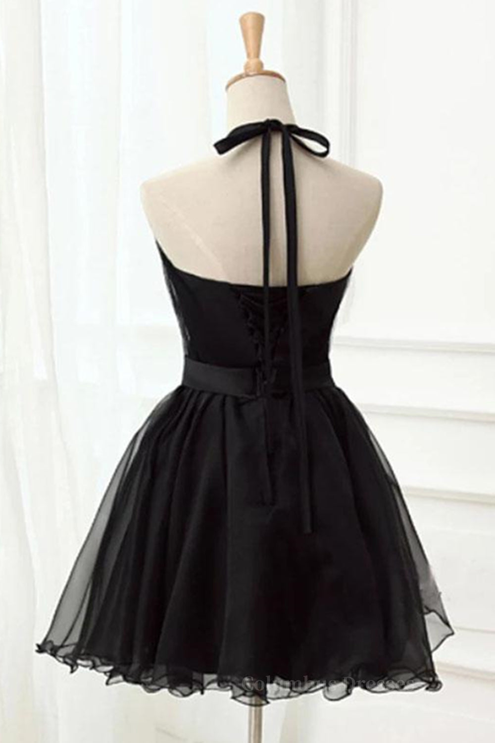 Party Dresses And Jumpsuits, Halter Neck Backless Black Short Prom Dress, Open Back Black Homecoming Dress