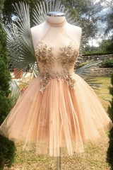 Prom Dress, Halter Neck Backless Champagne 3D Floral Short Prom Dress, Backless Champagne Formal Graduation Homecoming Dress