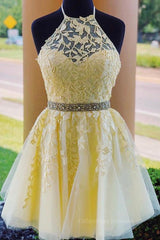 Prom Dresses Country, Halter Neck Backless Short Yellow Lace Prom Dress, Yellow Lace Formal Graduation Homecoming Dress