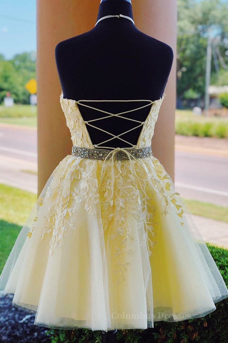 Prom Dress With Tulle, Halter Neck Backless Short Yellow Lace Prom Dress, Yellow Lace Formal Graduation Homecoming Dress