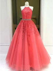 Dress Design, Halter Neck Coral Lace Tulle Long Prom Dresses, Halter Neck Coral Lace Formal Evening Dresses