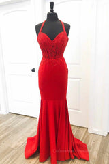Prom Dresses Princess, Halter Neck Mermaid Backless Red Lace Long Prom Dresses, Mermaid Red Formal Dresses, Red Lace Evening Dresses